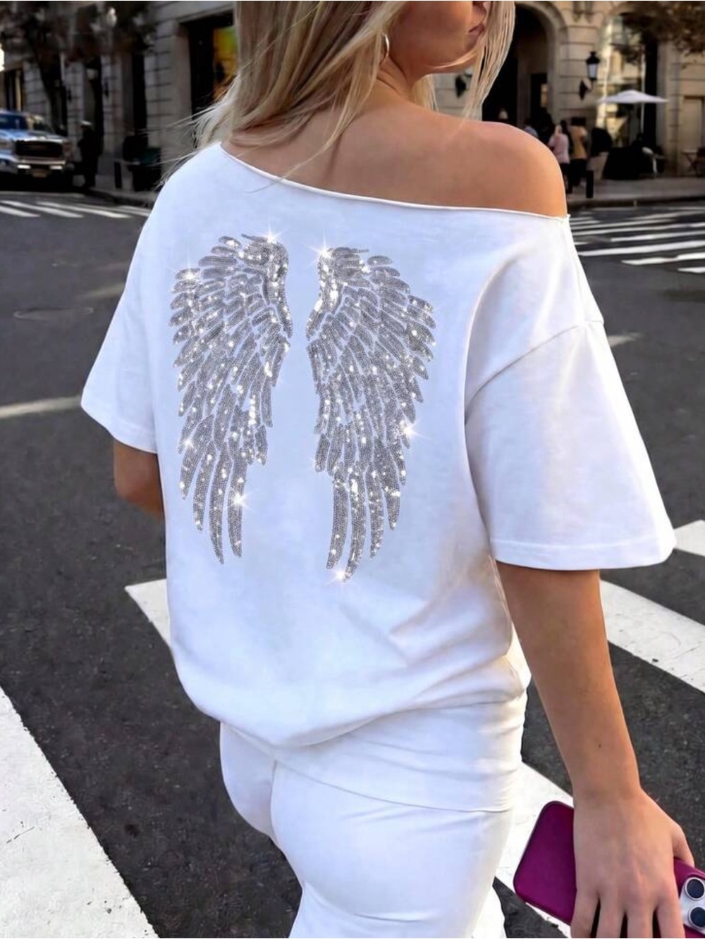 Sequin Embroidered Angel Wings Asymmetrical Shoulder Loose T-Shirt